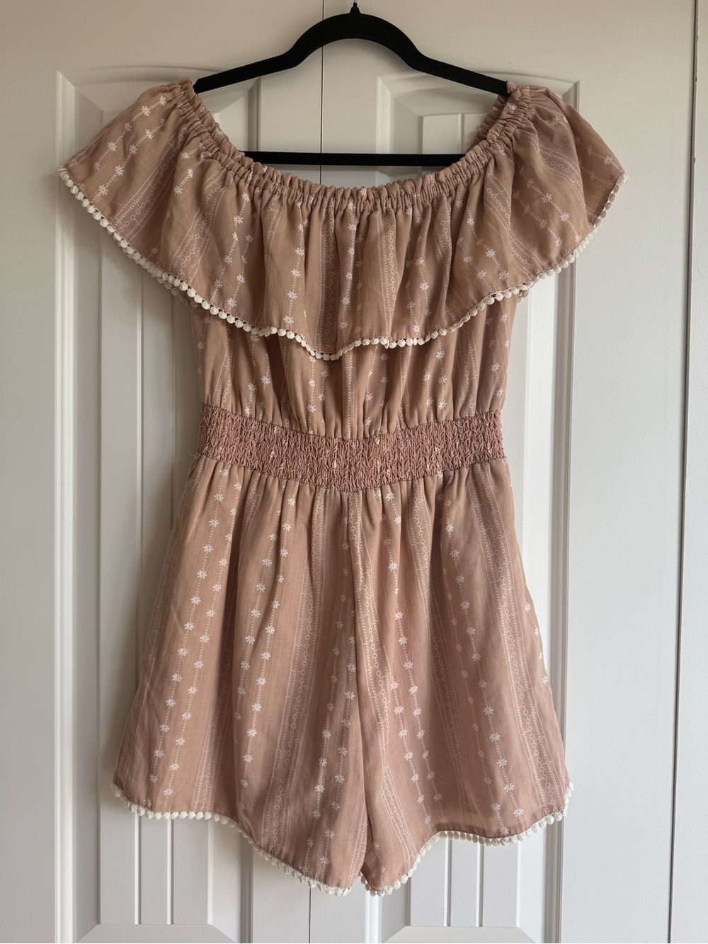 Pink Lily Pink Beige Off-Shoulder Romper with Pom Trim size small